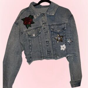 rose & star patched jean jacket